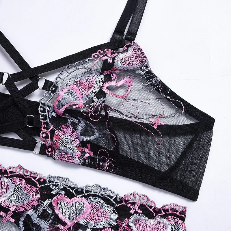 Sexy See-through Mesh Love Embroidery Strap Garter Three-Piece Set