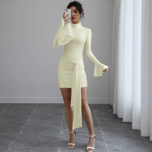 Women Clothing Solid Color Hip Dress Half Turtleneck Bell Sleeve Sexy Tight Dress
