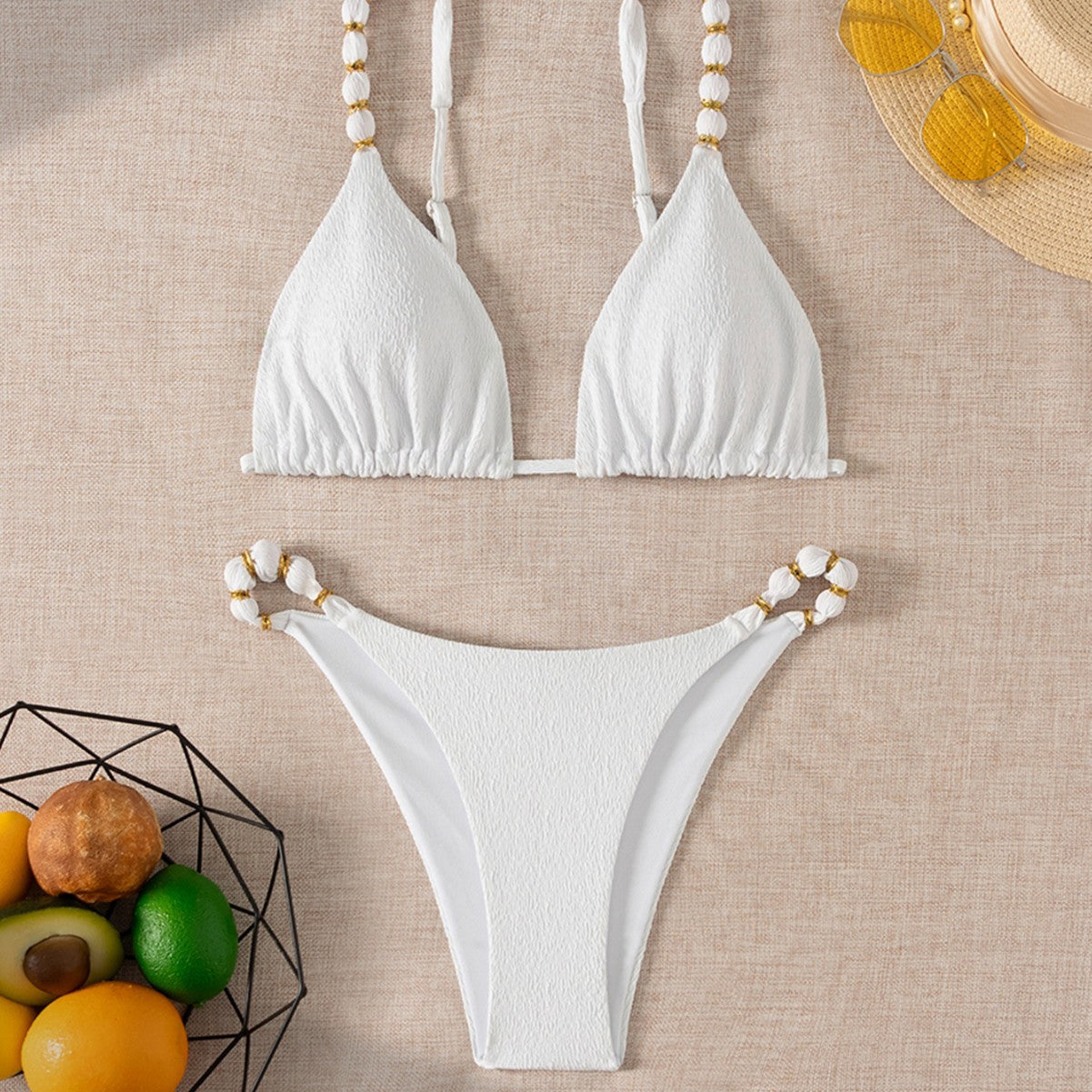 Traje de baño de bikini sexy para mujer con tela especial y accesorios de perlas