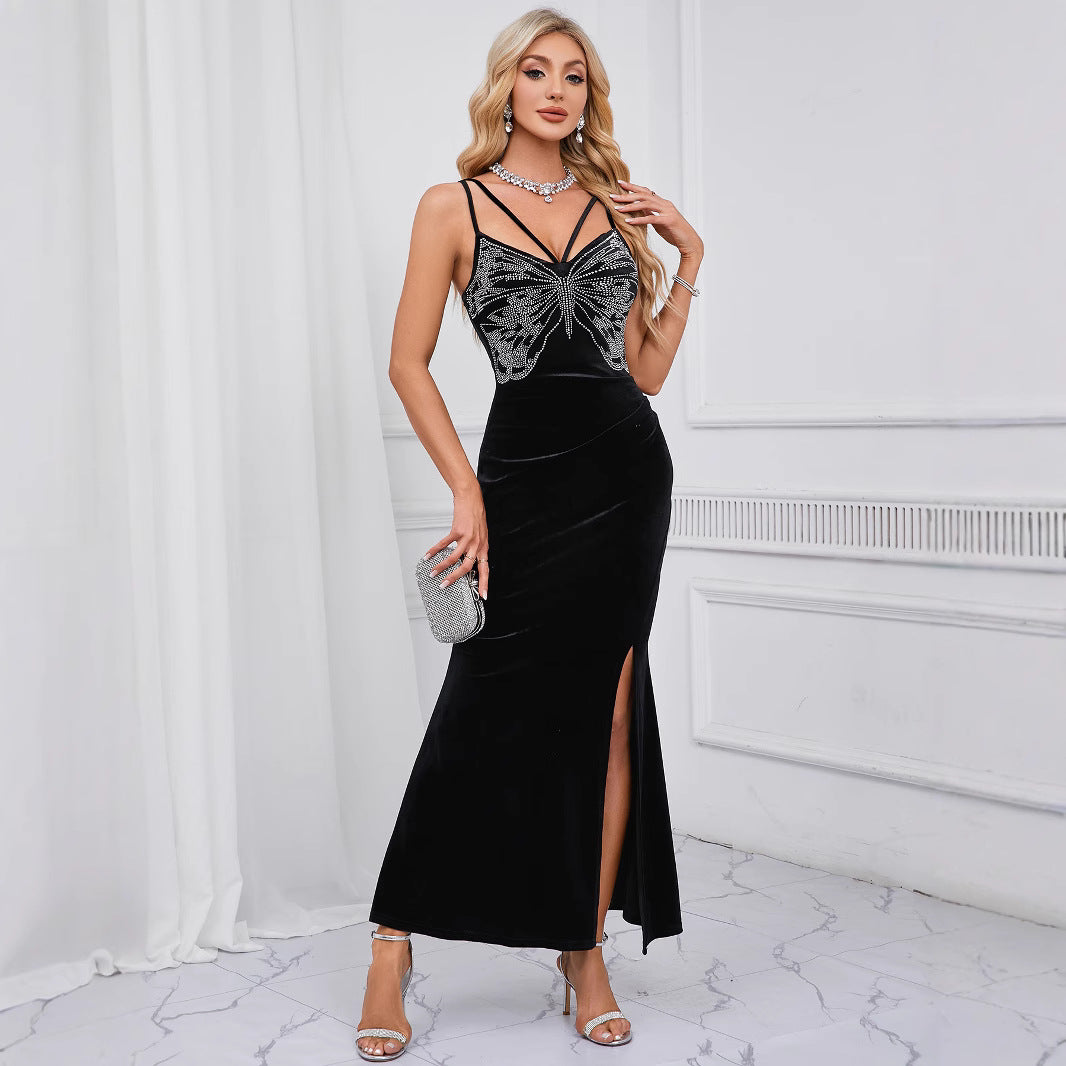Sexy Velvet Camisole Evening Dress Split Long Sheath Sleeveless Cold Shoulder Diamond Embedded Dress