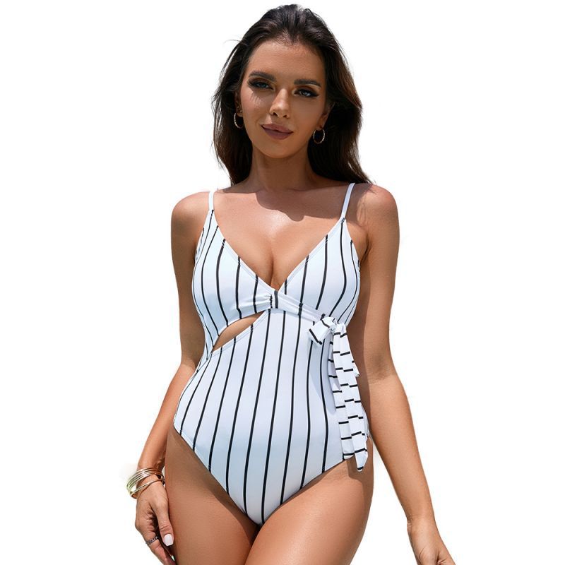 White Striped Sexy Cutout Lace up One Piece Swimsuit Women