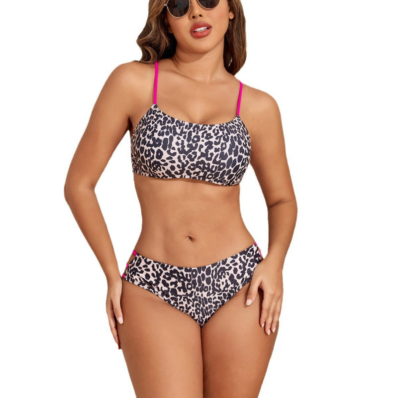 Traje de baño dividido con estampado de leopardo, bikini sencillo para mujer, traje de baño de playa sexy con almohadilla para el pecho