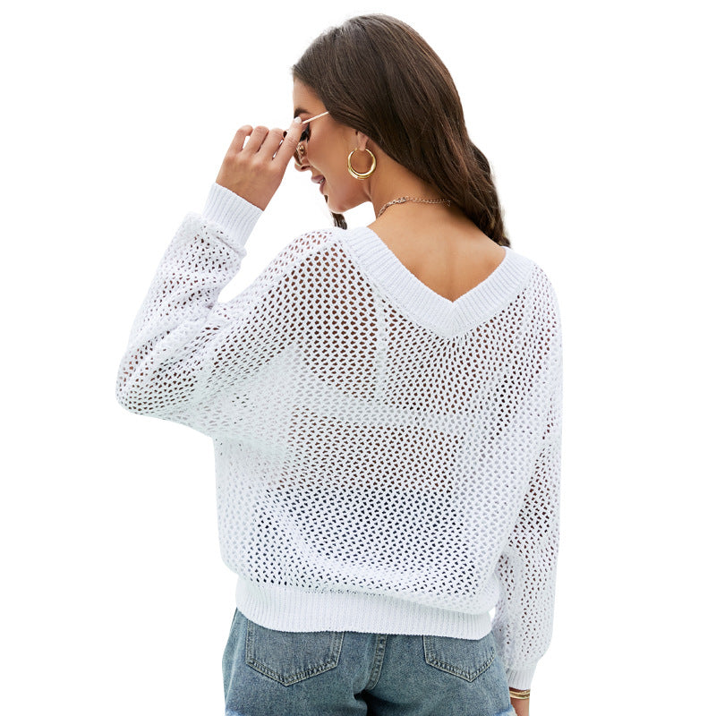 Women Clothing Spring Summer Long Sleeve Pullover Thin Knitted Blouse Casual Loose V-neck Hollow Out Cutout Sweater Crochet