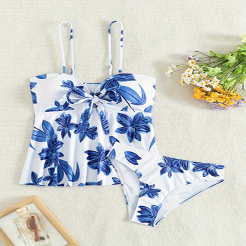 Traje de baño estampado con tirantes divididos para mujer, elegante conjunto de bikini de playa de dos piezas