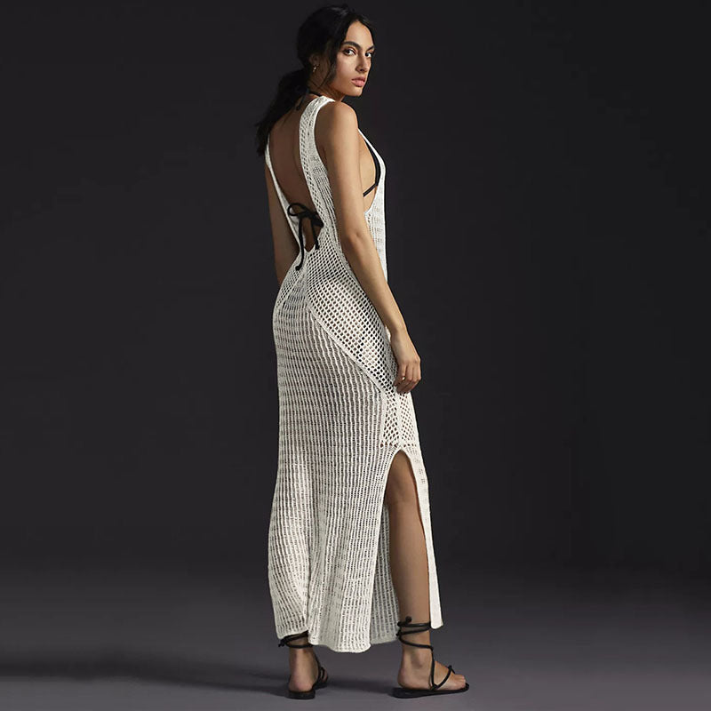 Knitted Beach Cover-up Sexy Hollow Out Cutout Split Vacation Skirt Dress Bikini Cover