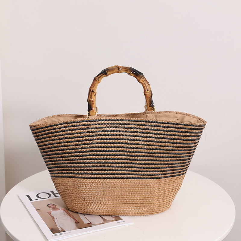 Sac en paille de bambou à rayures, grande capacité, pour femme, fourre-tout tissé, sac à main, panier à légumes