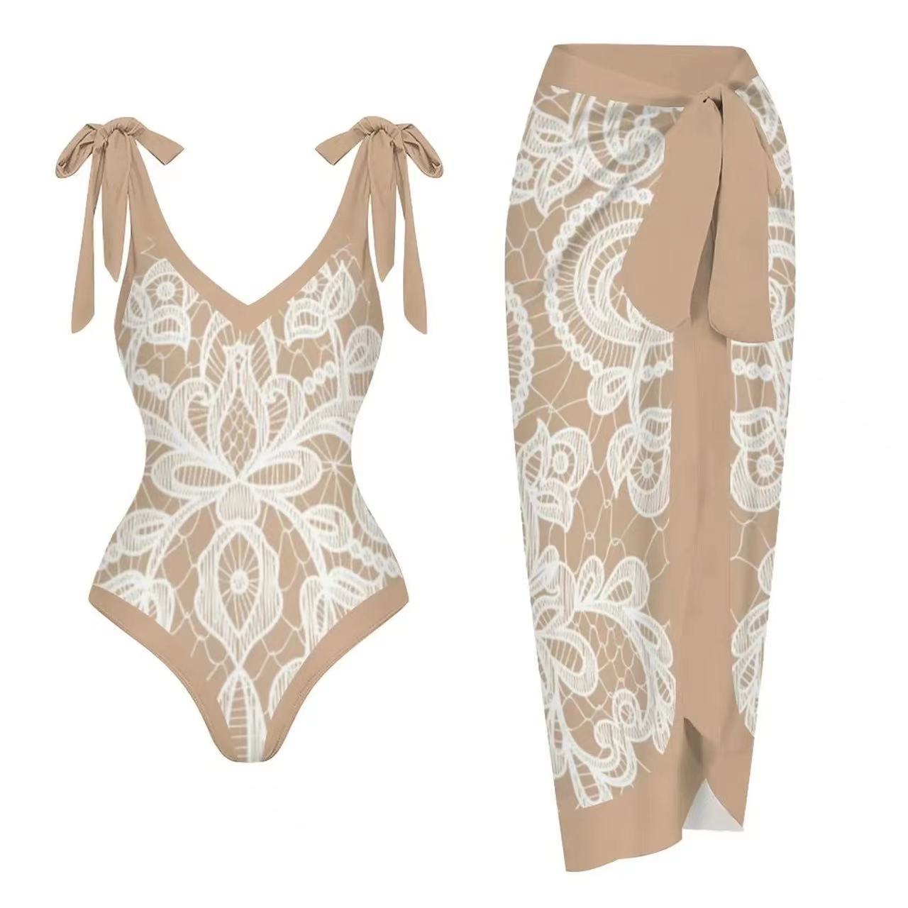 Traje de baño de dos piezas con falda de gasa de una pieza y estampado multicolor con protección solar.