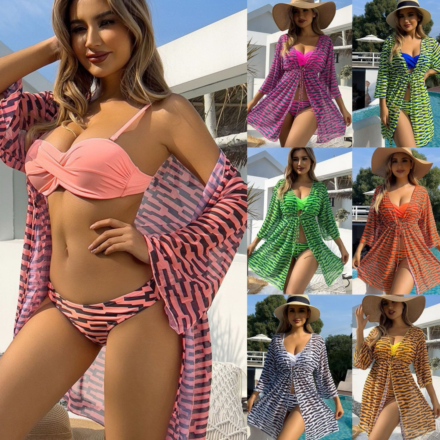 Maillot de bain trois pièces en maille Lonkey pour femme, impression numérique, sac torsadé, vêtements de protection solaire