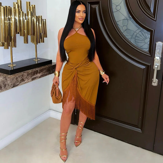 Vestido largo asimétrico de verano con borlas y sin mangas con cordones para mujer