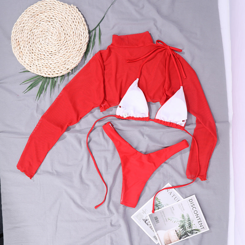 Bikini de tres piezas de color liso, sexy, sin espalda, de alta elasticidad, para mujer, con cuello halter y cordones