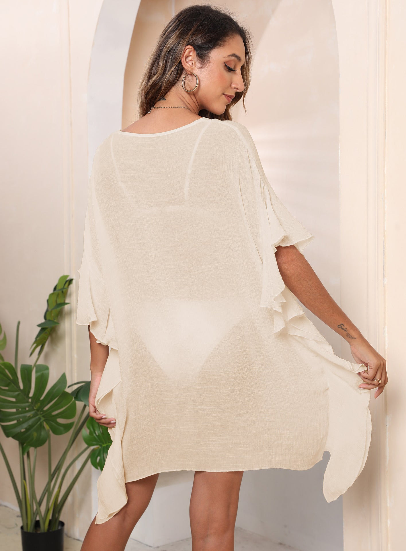 Women Clothing Ruffled Solid Color Simple Loose Beach Beach Cover Up Women
