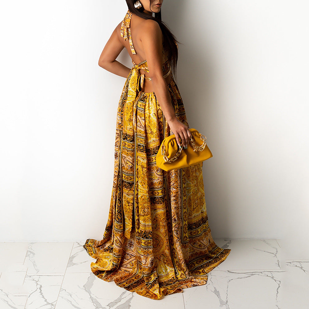 Women Clothing Sleeveless Printed Halter Dress Split Dress