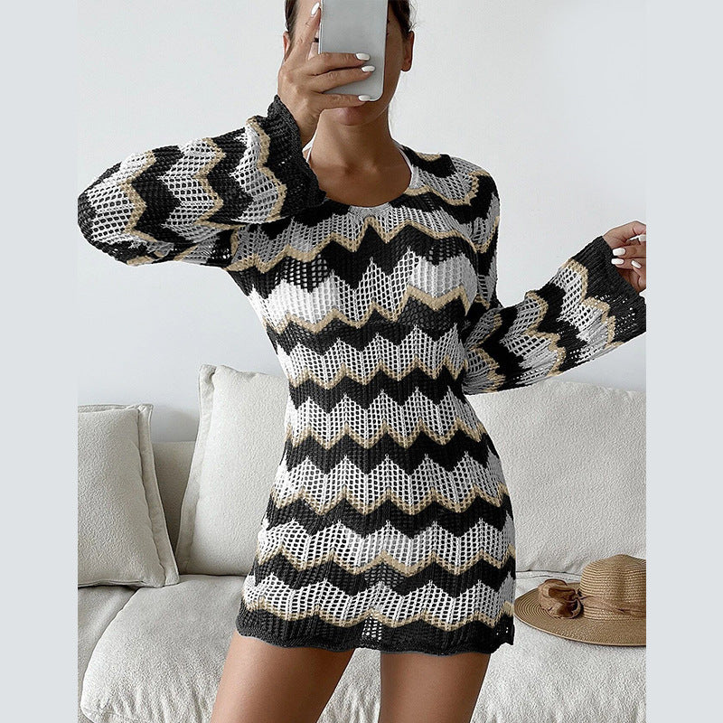 Knitted Dress Women Mixed Color Stripe Backless Lace up Sexy Sheath Dress Short Women