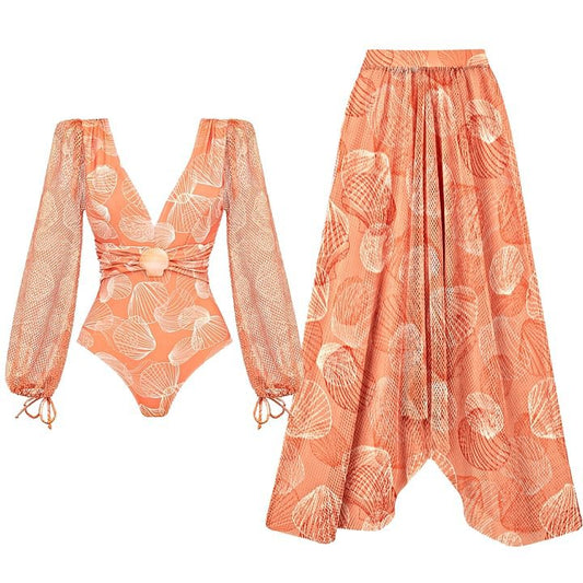 Traje de baño de una pieza con cuello en V y malla decorativa de manga larga para mujer