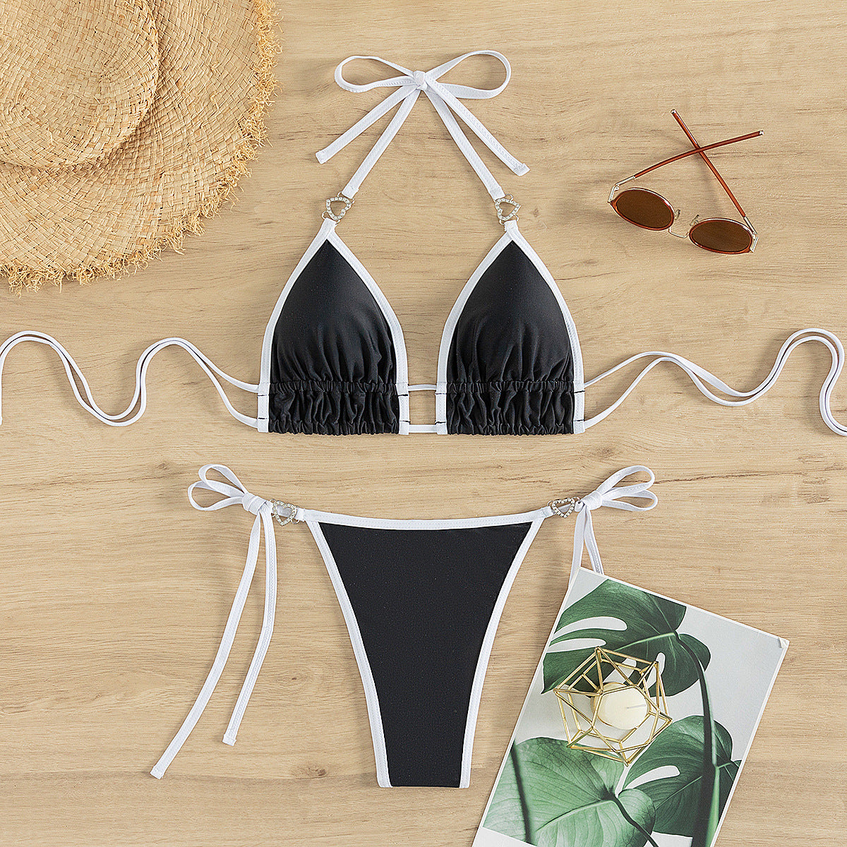 Bikini de color a juego con cordones en la espalda en T, bikini sexy dividido, traje de baño para mujer