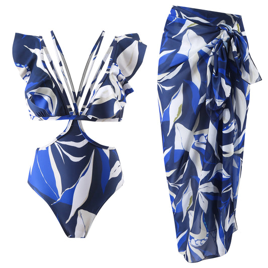 Traje de baño de una pieza con estampado popular europeo francés para mujer, traje de baño que cubre el vientre, vestido de gasa fino y sexy.