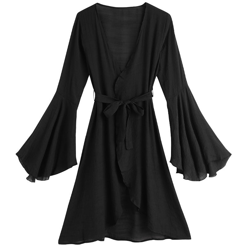 Blusa larga con protección solar y lazo, cárdigan de manga larga tipo trompeta, falda de bikini para mujer de verano
