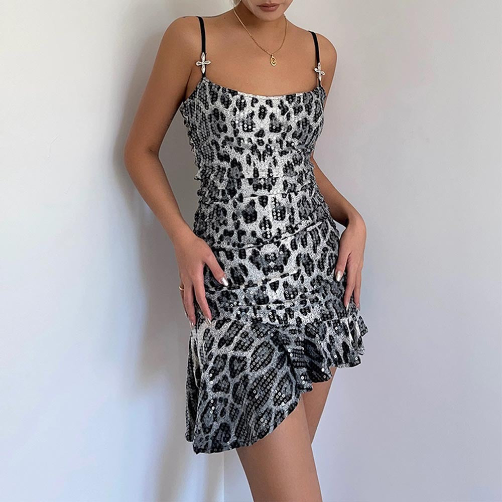 Vestido sexy de otoño con lentejuelas y estampado de leopardo, sin espalda y con decoración cruzada para mujer