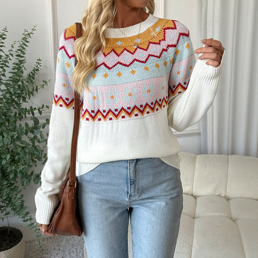 Autumn Winter Bottoming Shirt Casual Loose Contrast Color Jacquard Long Sleeve round Neck Sweaters Women Clothing