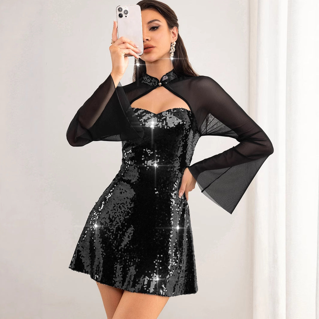 Vestido sexy transparente de manga larga con costuras de malla y corte sequ para mujer