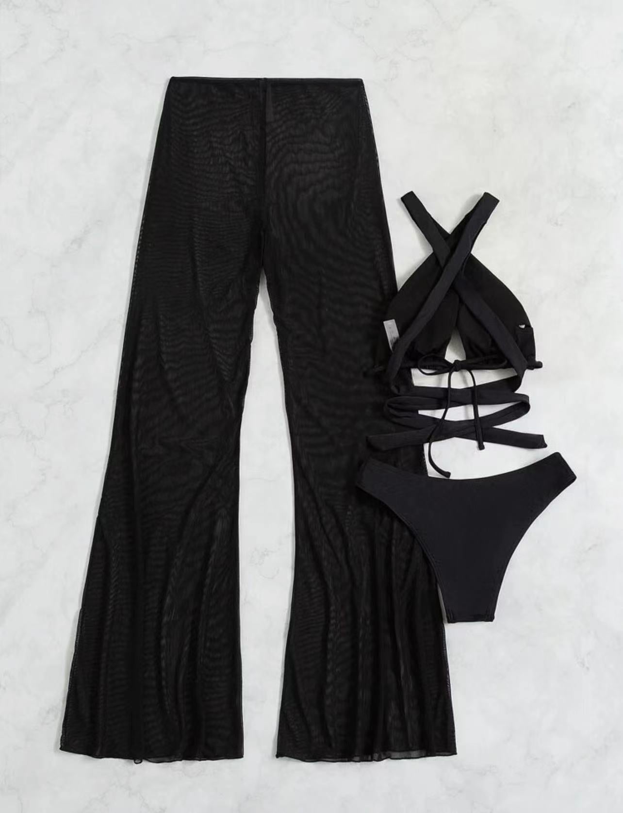 Conjunto sexy de tres piezas transparente sin espalda