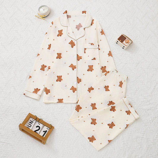 Ensemble pantalon à manches longues pour femme, printemps-automne, vêtements d'extérieur, cardigan, motif ours de dessin animé, vêtements d'intérieur