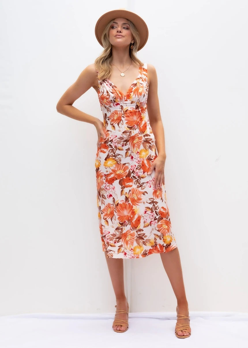 Spring Front Back V-neck Sleeveless Printed Slim-Fit Sexy Dress Women Clothing Floral Burst