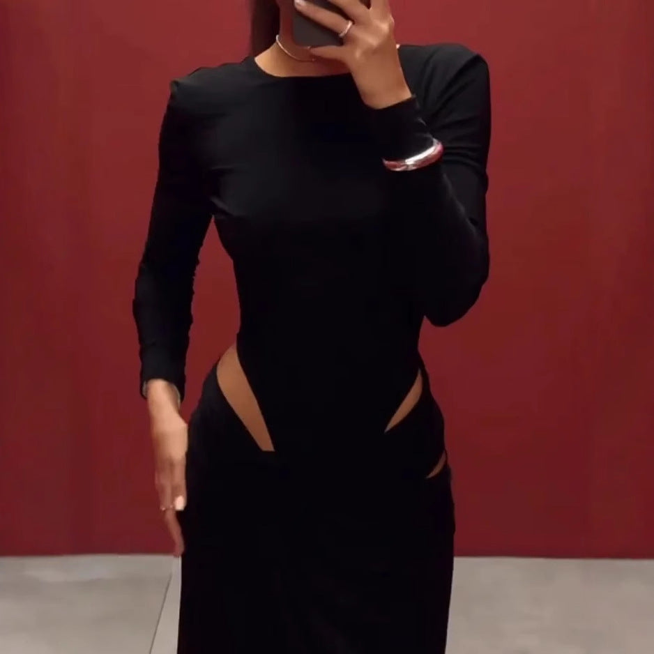 Women Clothing Spring Graceful Fashionable Long Sleeve Hollow Out Cutout Solid Color Dress