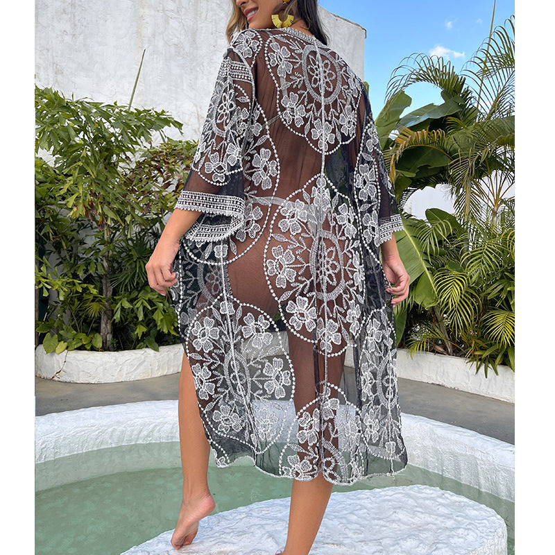 Water Soluble Silk Sun Protection Clothing Hollow Out Cutout Embroidered Strap Loose Sexy Casual Beach Cover Up