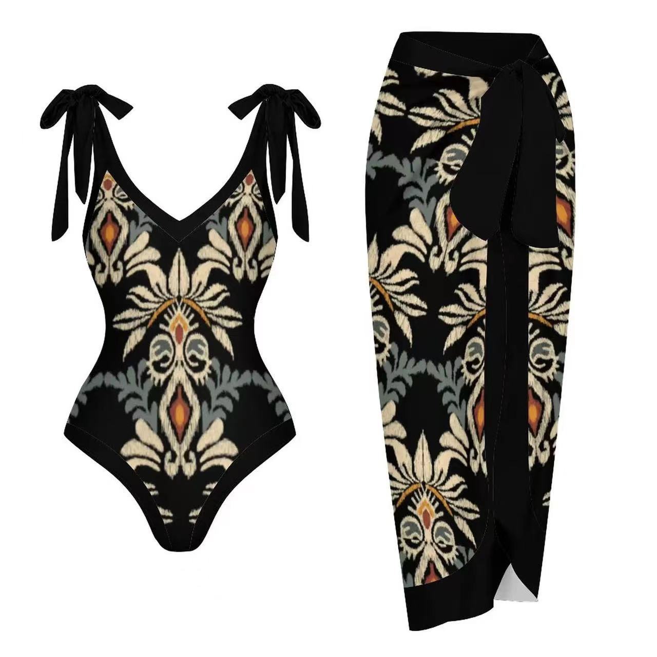 Traje de baño de dos piezas con falda de gasa de una pieza y estampado multicolor con protección solar.