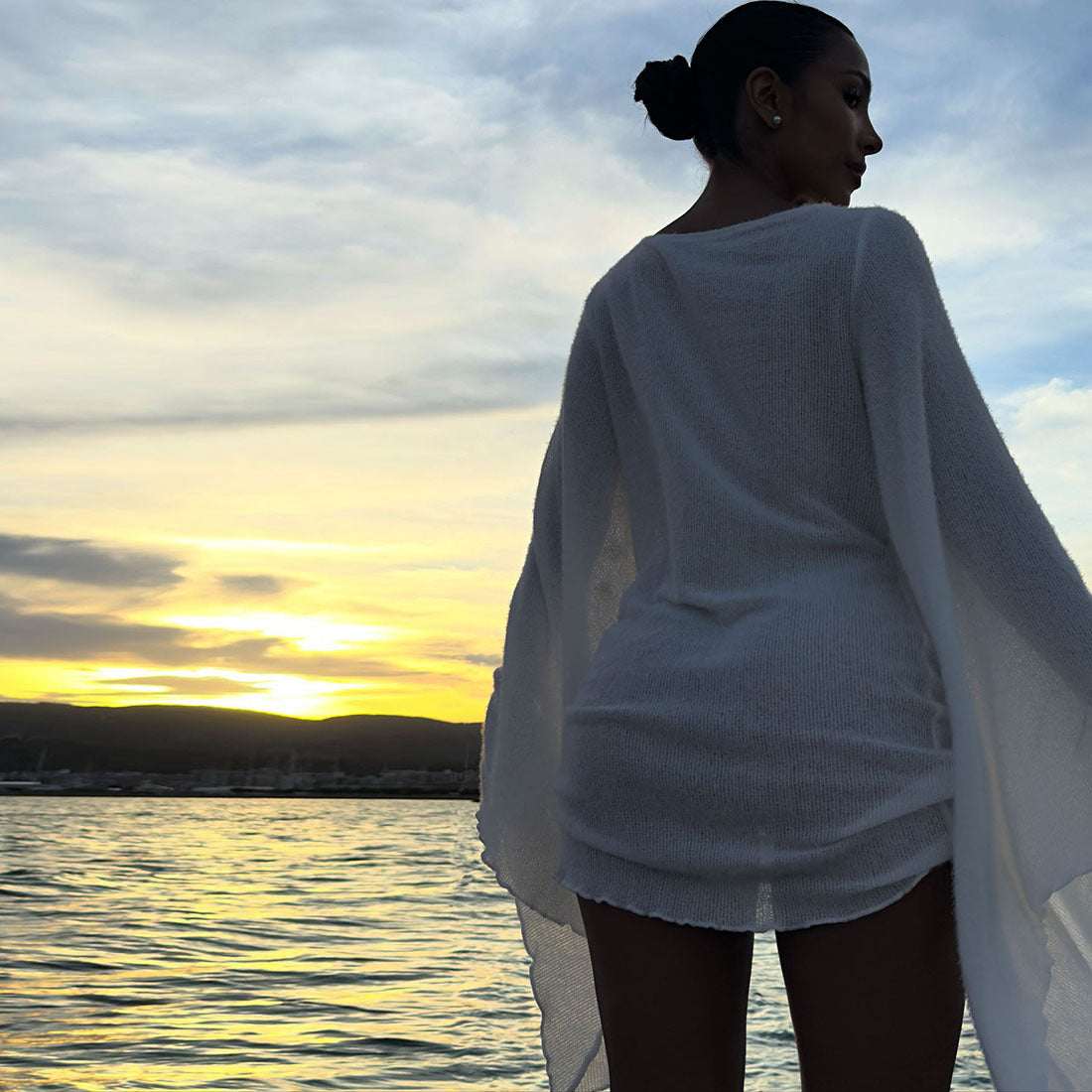 Autumn Winter Sexy Swing Collar Bell Sleeve Solid Color Sheath Short