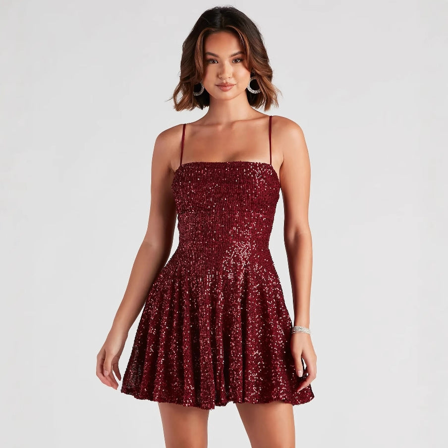 Vestido elegante de verano informal, sexy, con lentejuelas y tirantes en forma de A