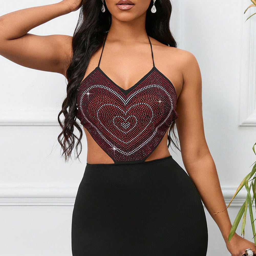 Vestido con tirantes finos y cuello halter con diamantes de imitación, espalda descubierta, con cordones y espalda descubierta.