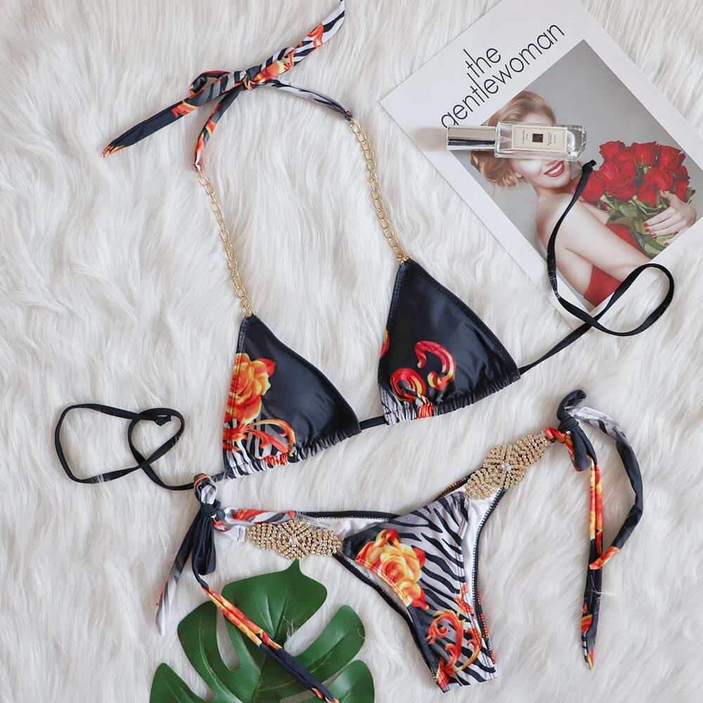 Traje de baño sexy atado para vacaciones, traje de baño de lujo con diamantes de imitación, conjunto de bikini de tres piezas