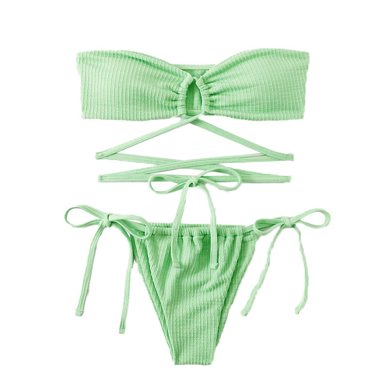 Traje de baño de color sólido sin espalda traje de baño sexy bikini de cintura alta ahuecado