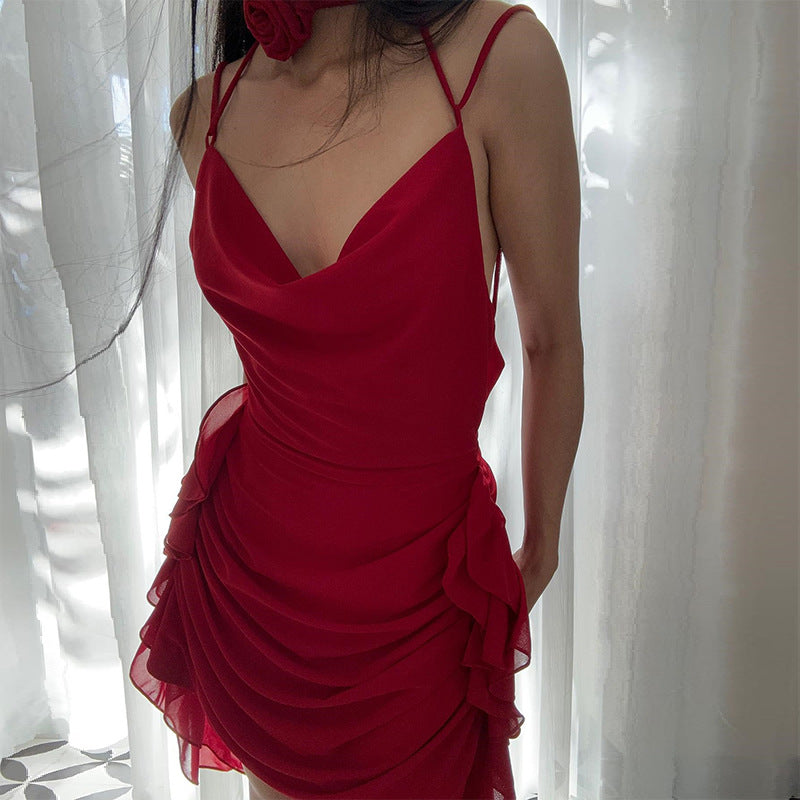 Spring Sexy Backless V Neck Three Dimensional Floral Ribbon Slim Fit Sexy Dress