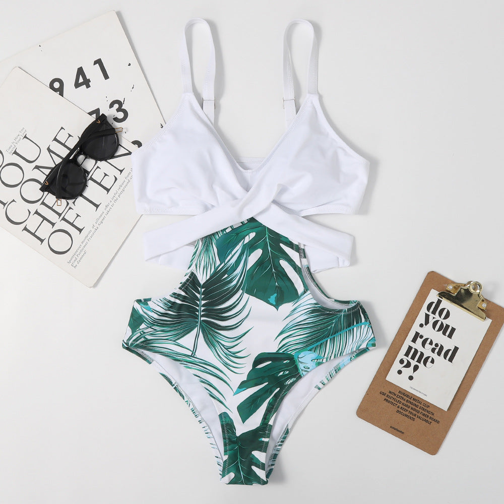 Traje de baño de una pieza con estampado floral en forma de hoja, con cordones y un bikini triangular sexy para mujer.