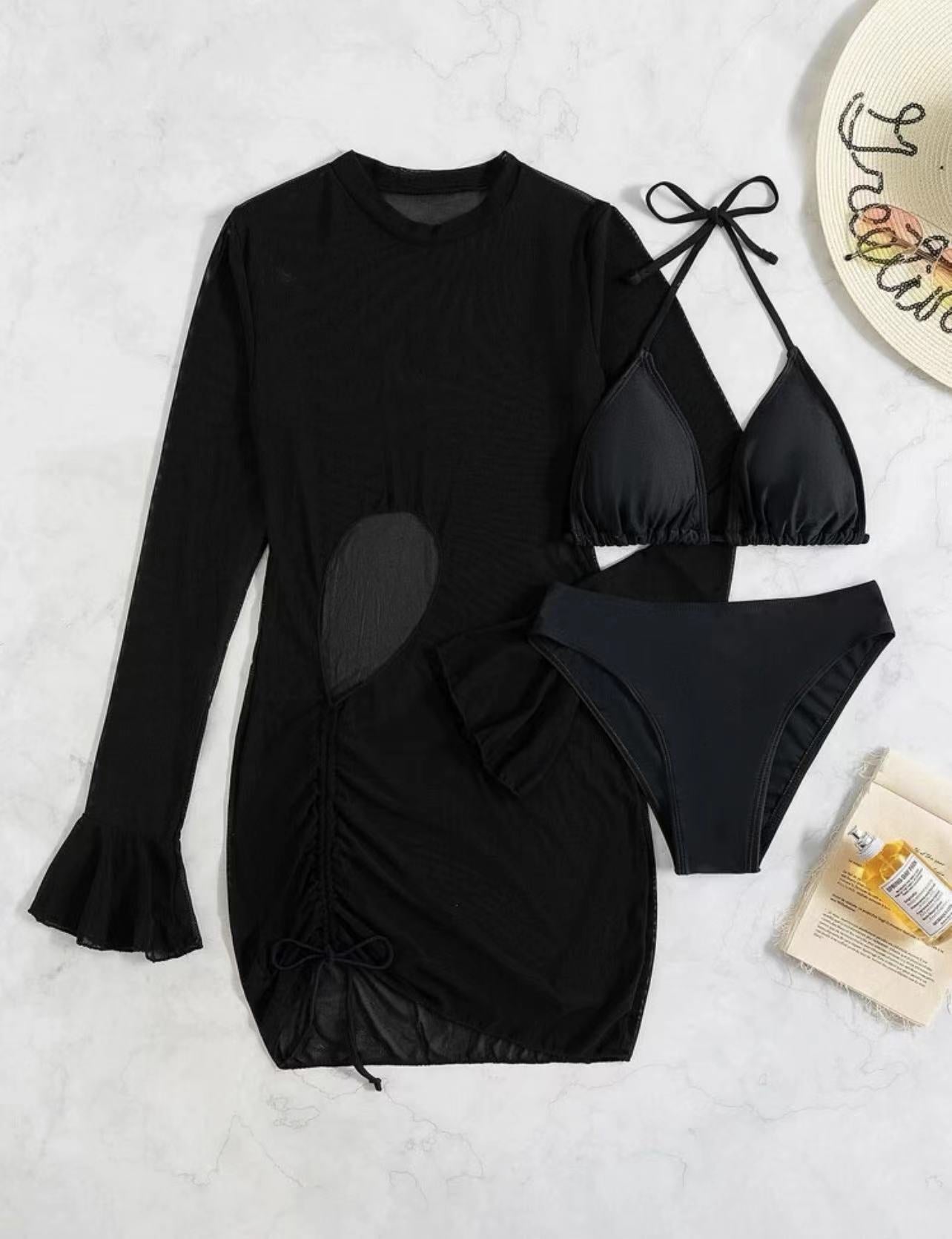 Traje de baño de tres piezas para mujer, bikini sexy de color liso, blusa adelgazante, traje de baño