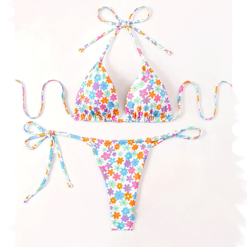Traje de baño de bikini floral con cuello halter y cordones para mujer