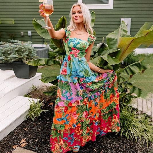 French Flying Sleeve Printed One Piece Swimsuit Women Cake Skirt