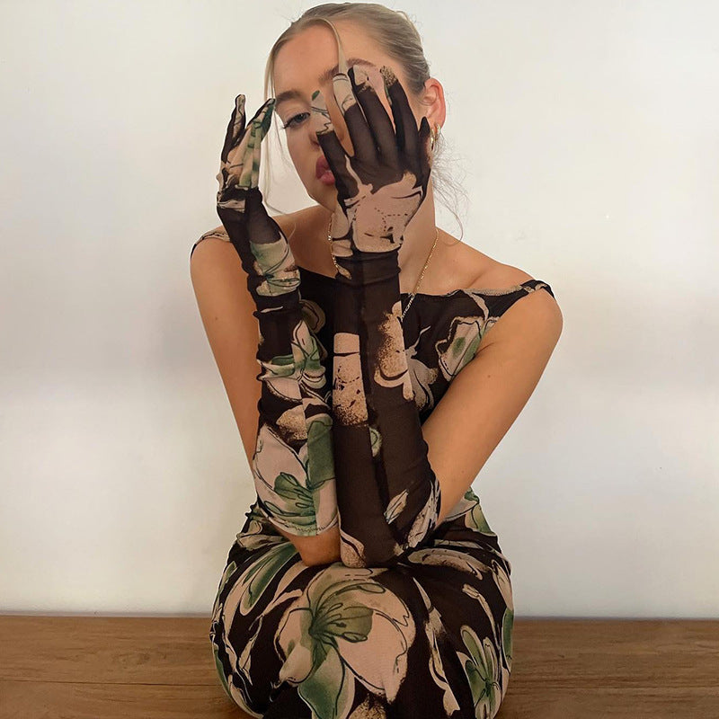 Women Clothing Autumn Elegant Sexy Socialite Mesh Hollow Out Cutout Printed Opera Glove Dress for Women