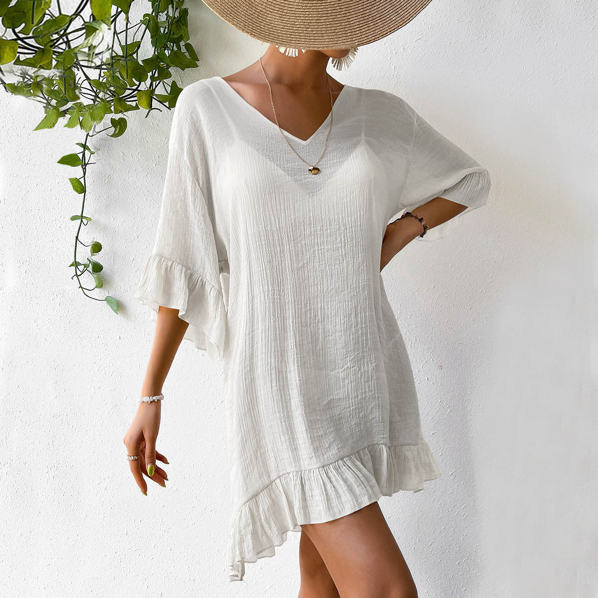 Beach Cover up Skirt Women Clothing Sun Proof Skirt Back Butterfly V neck Flared Sleeves Dress