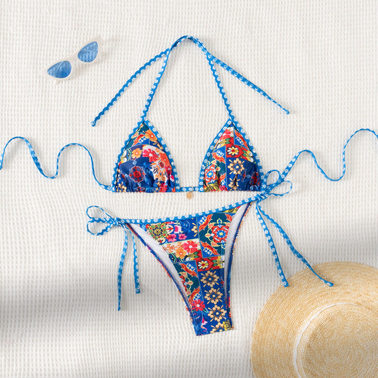 Maillot de bain bikini sexy à lacets et imprimé pour femme