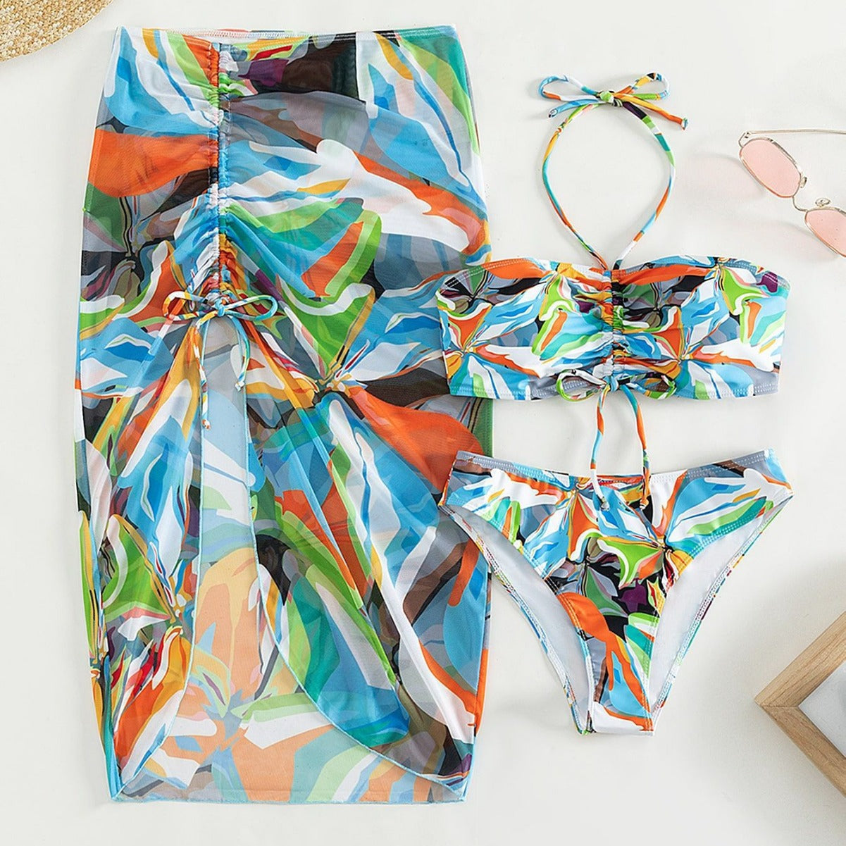 Conjunto de bikini de tres piezas dividido, bikini sexy estampado con cordones y cordón