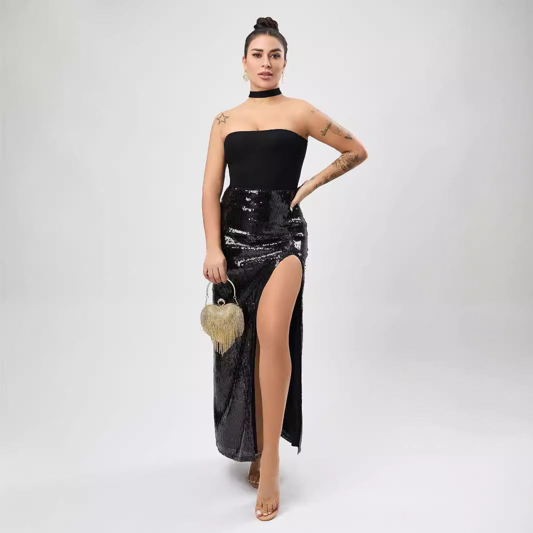 Vestido de lentejuelas con abertura sexy de alta calidad para mujer, ropa de otoño, tutú de alta calidad