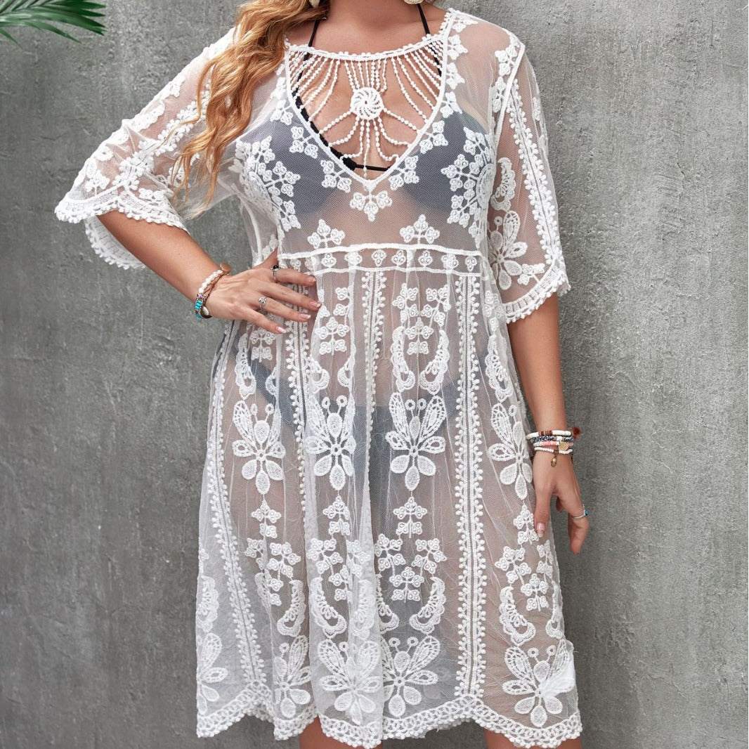Vestido de playa de una pieza sexy transparente con protección solar para mujer
