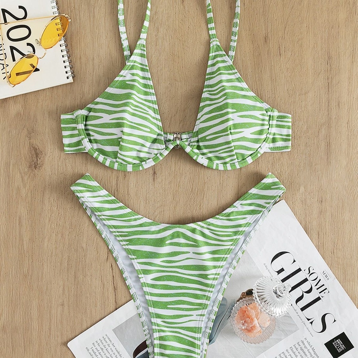 Bikini de rayas divididas con tirantes y espalda descubierta, traje de baño para playa, bikini para mujer