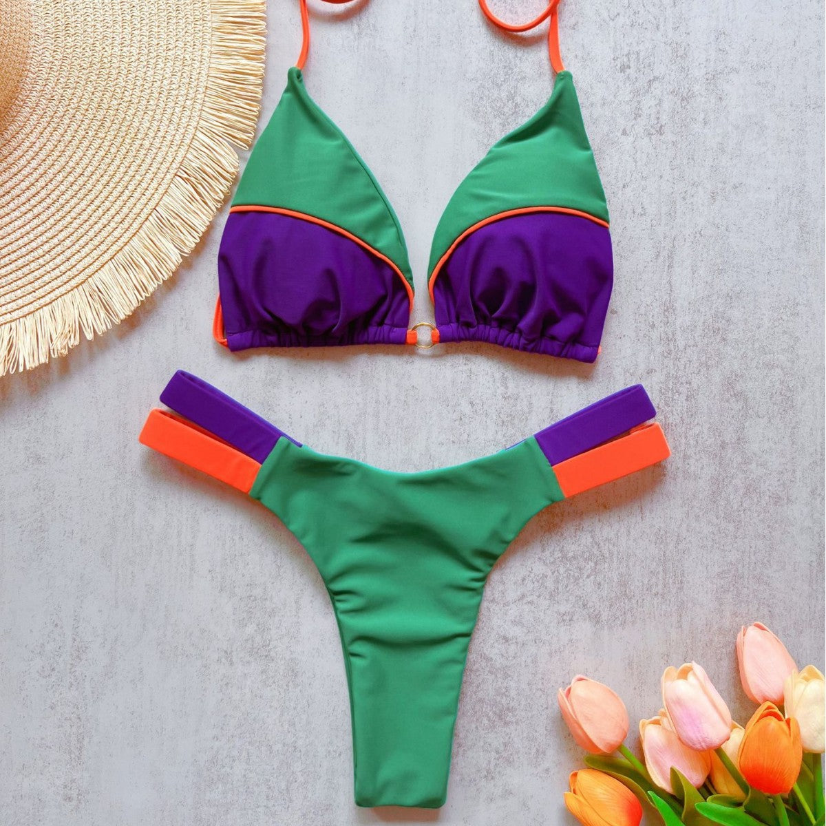 Traje de baño de bikini con costuras de color sólido para playa, traje de baño sexy para mujer
