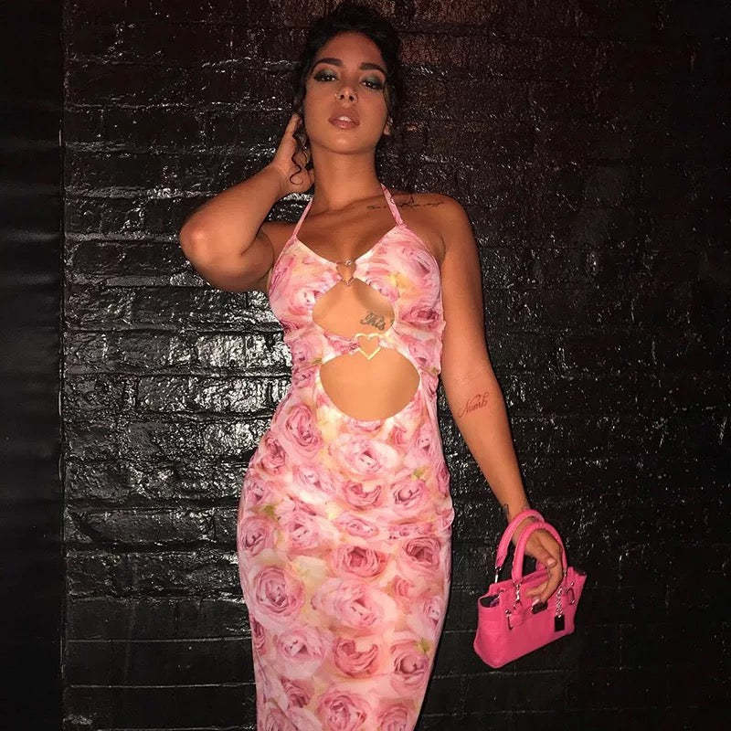 Vestido largo de verano sin mangas con estampado floral, encaje, costuras en forma de corazón, aberturas y cortes
