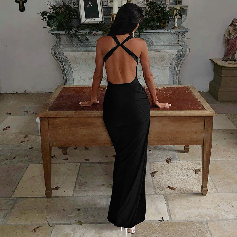 Spring Women Clothing Sexy Solid Color Halter Backless Slim Fit Pile Collar Dress Women